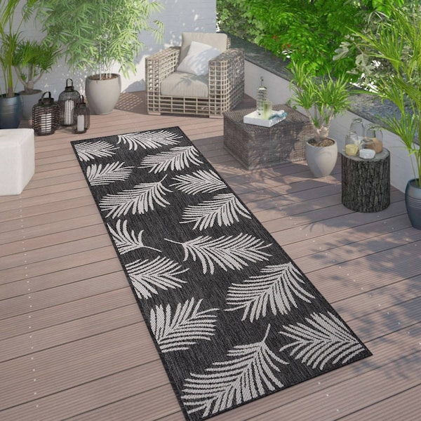 World Rug Gallery Contemporary Palm Leaves Textured Flat Weave Indoor/Outdoor Runner Rug 2'x7' Black 111BLACK2X7 - main